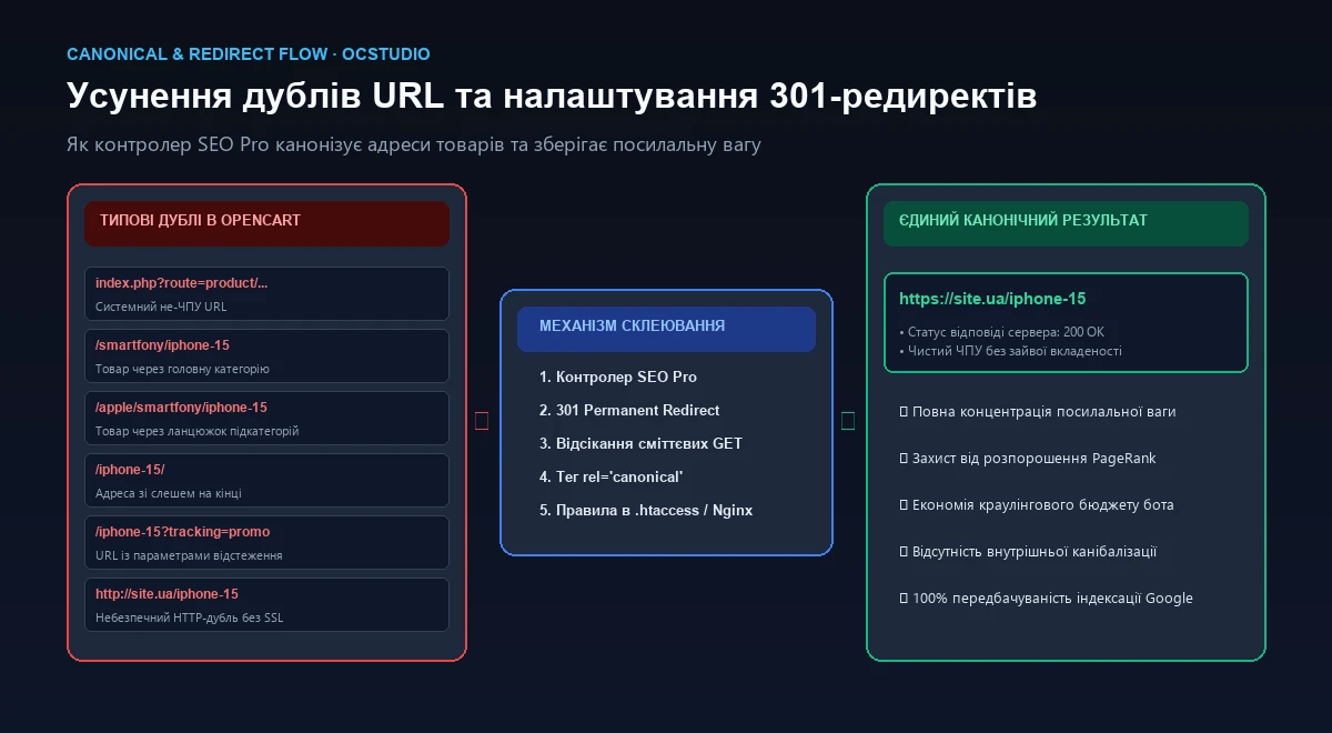 Схема усунення дублів сторінок та налаштування 301 редиректів в OpenCart