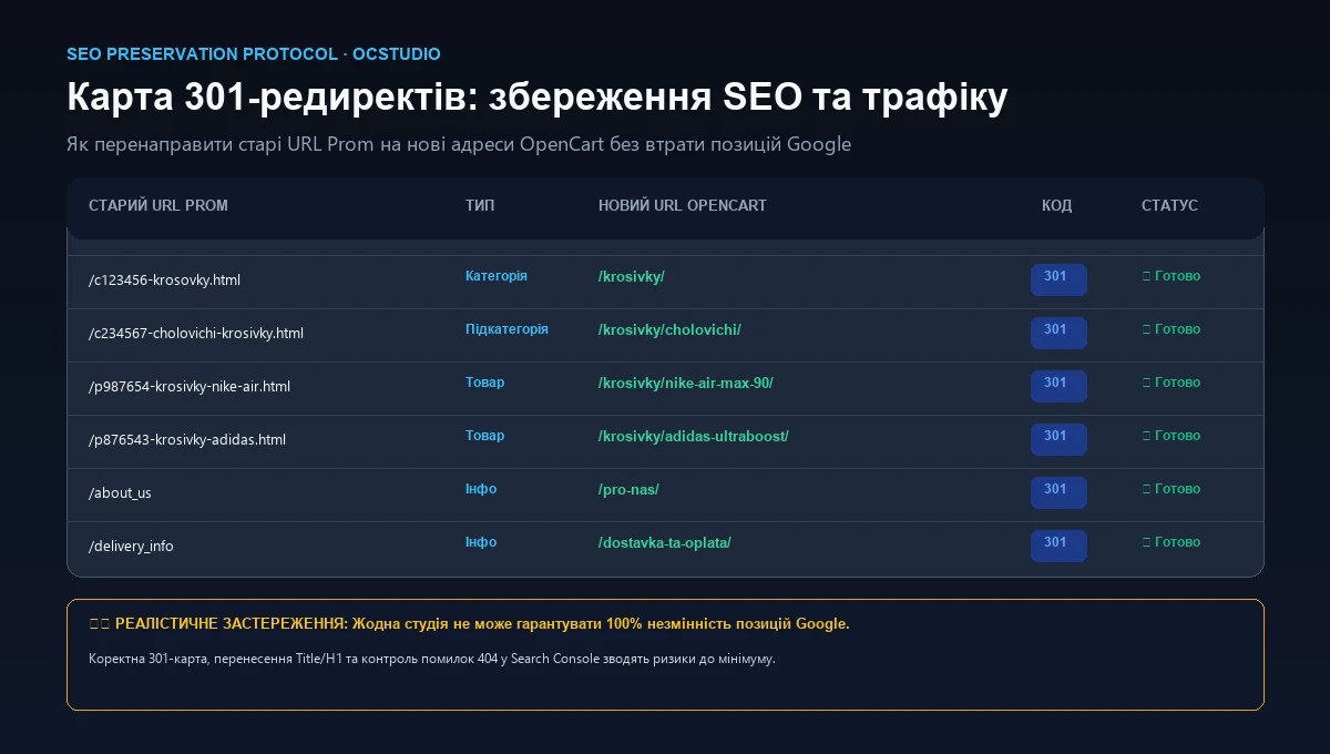 Карта 301 редиректів при перенесенні магазину з Prom на OpenCart